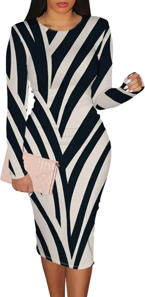 Women's Casual Ruched Basic Pencil Dress Sexy Crewneck Long Sleeve Tight Bodycon Midi Dress Cocktail Club wear Party Outfits