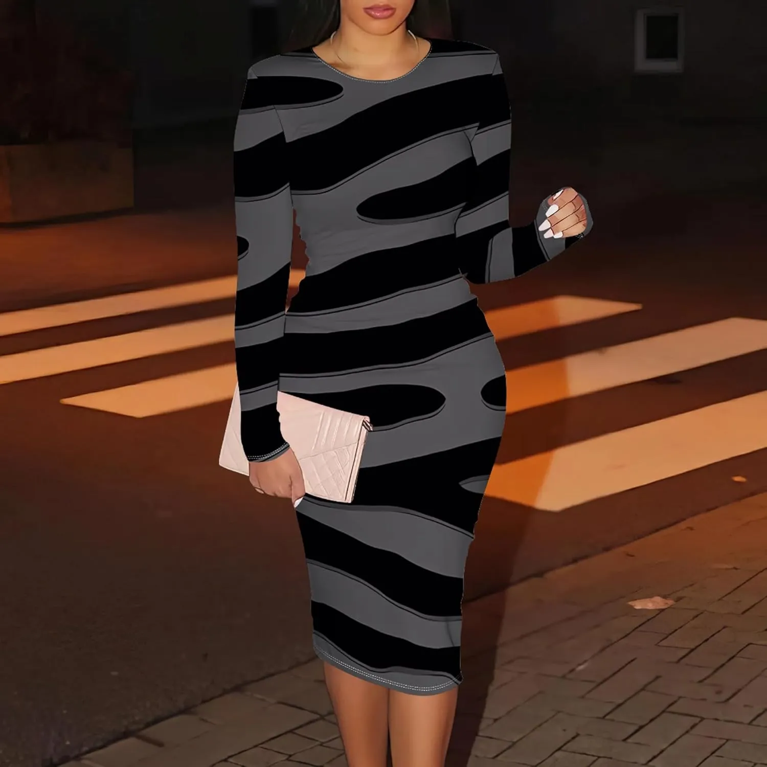Women's Casual Ruched Basic Pencil Dress Sexy Crewneck Long Sleeve Tight Bodycon Midi Dress Cocktail Club wear Party Outfits