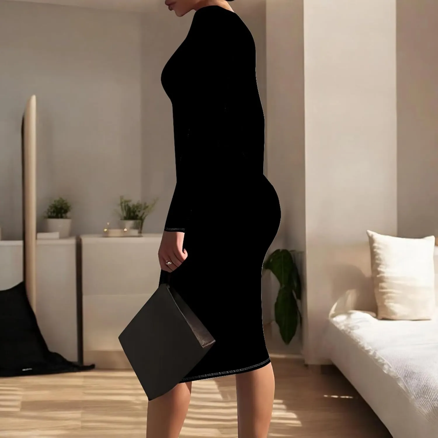 Women's Casual Ruched Basic Pencil Dress Sexy Crewneck Long Sleeve Tight Bodycon Midi Dress Cocktail Club wear Party Outfits