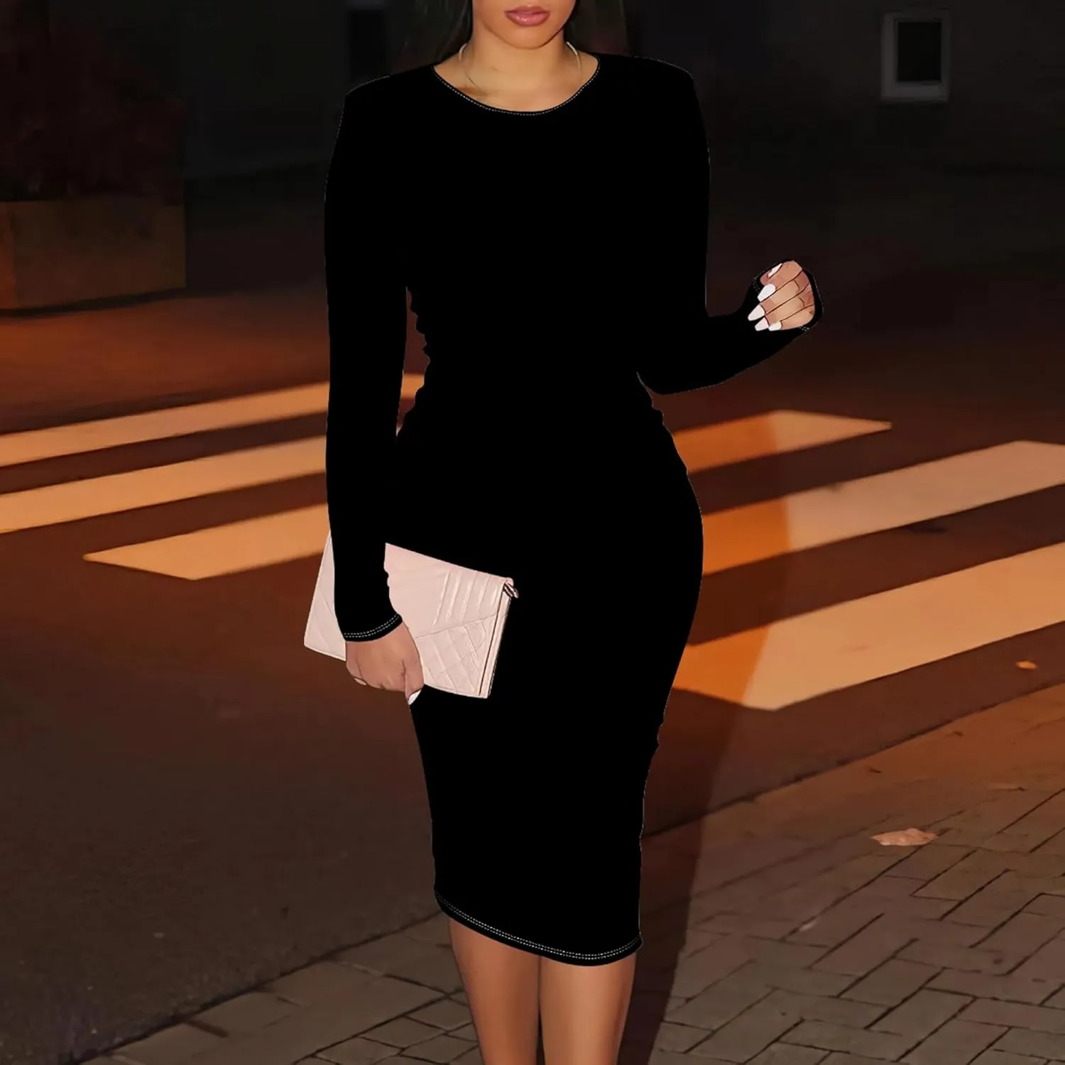 Women's Casual Ruched Basic Pencil Dress Sexy Crewneck Long Sleeve Tight Bodycon Midi Dress Cocktail Club wear Party Outfits