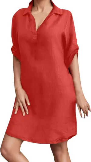 Women's Casual Shirt Dress Ruffle Sleeve Solid Color Button Down Shift Turn Cotton Linen Short 2025 Summer Dress
