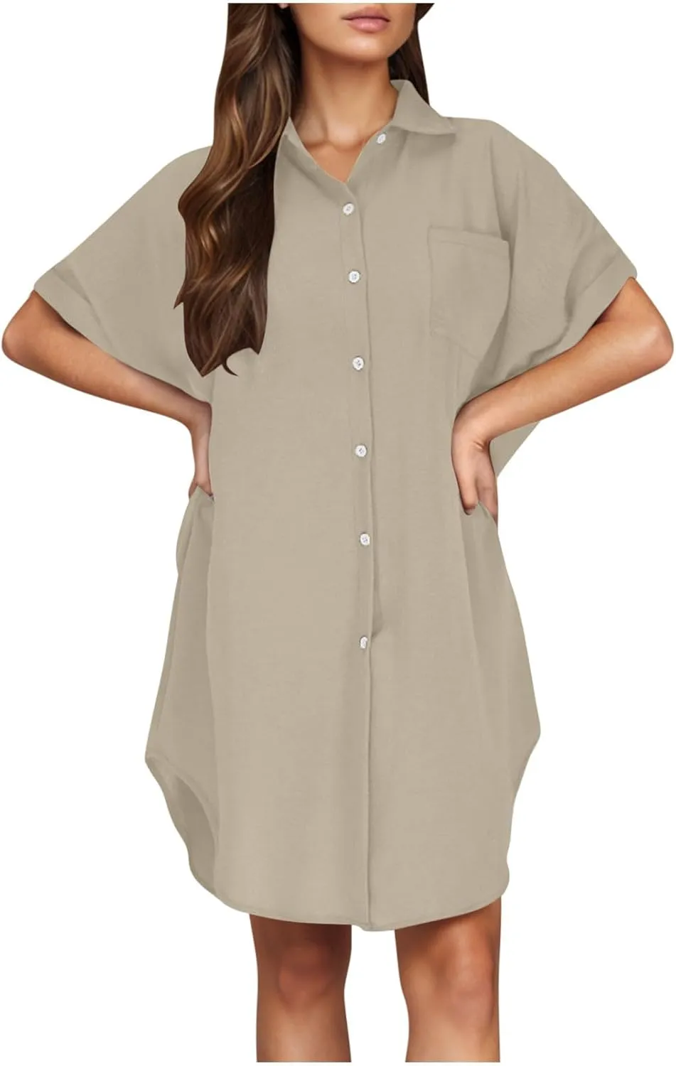 Women's Casual Shirts Dress Fashion Lapel Button Down Short Sleeve Loose Dresses Summer Lounge Long Blouses