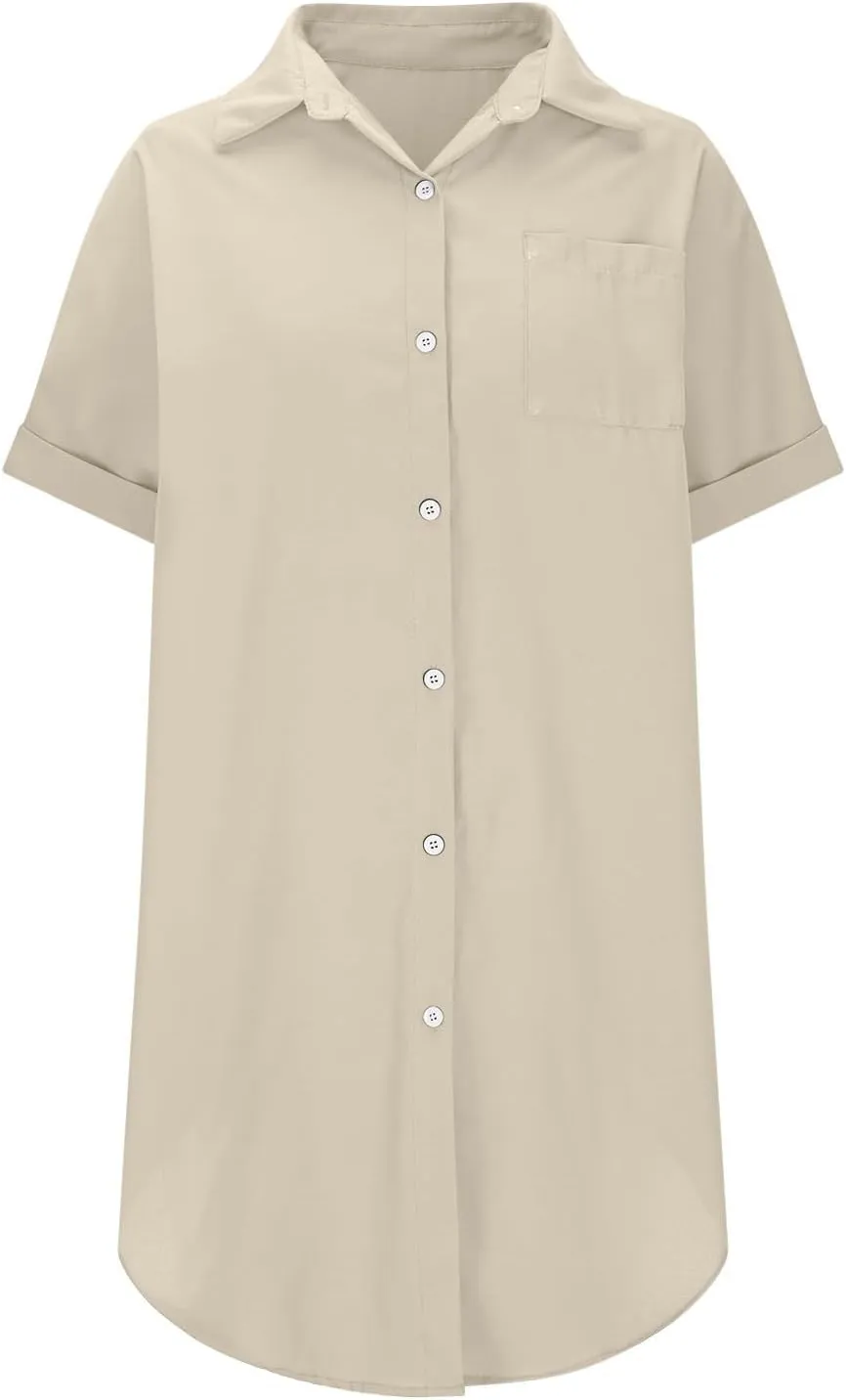 Women's Casual Shirts Dress Fashion Lapel Button Down Short Sleeve Loose Dresses Summer Lounge Long Blouses