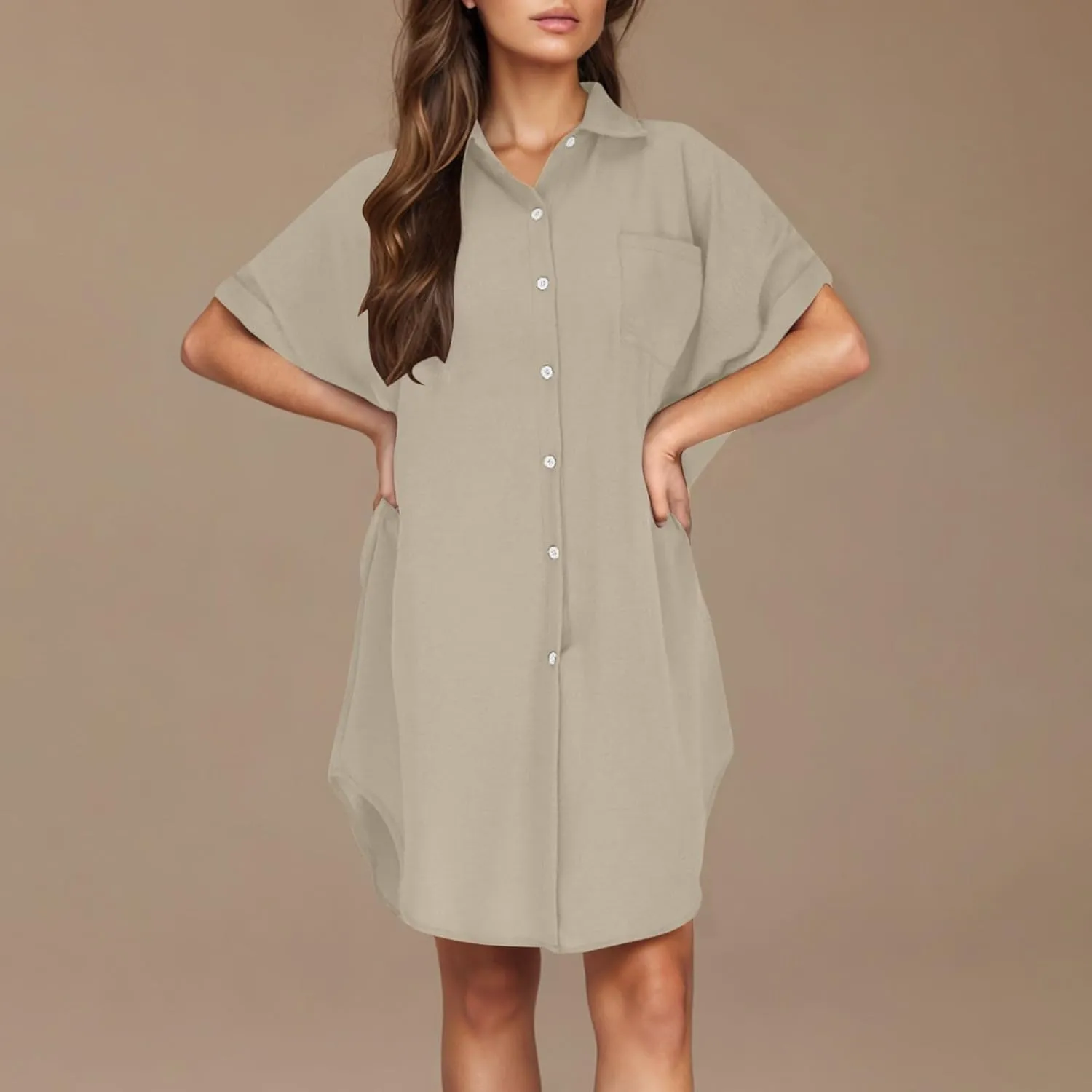 Women's Casual Shirts Dress Fashion Lapel Button Down Short Sleeve Loose Dresses Summer Lounge Long Blouses