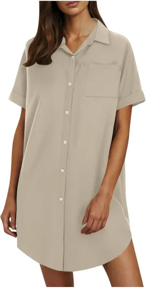 Women's Casual Shirts Dress Fashion Lapel Button Down Short Sleeve Loose Dresses Summer Lounge Long Blouses