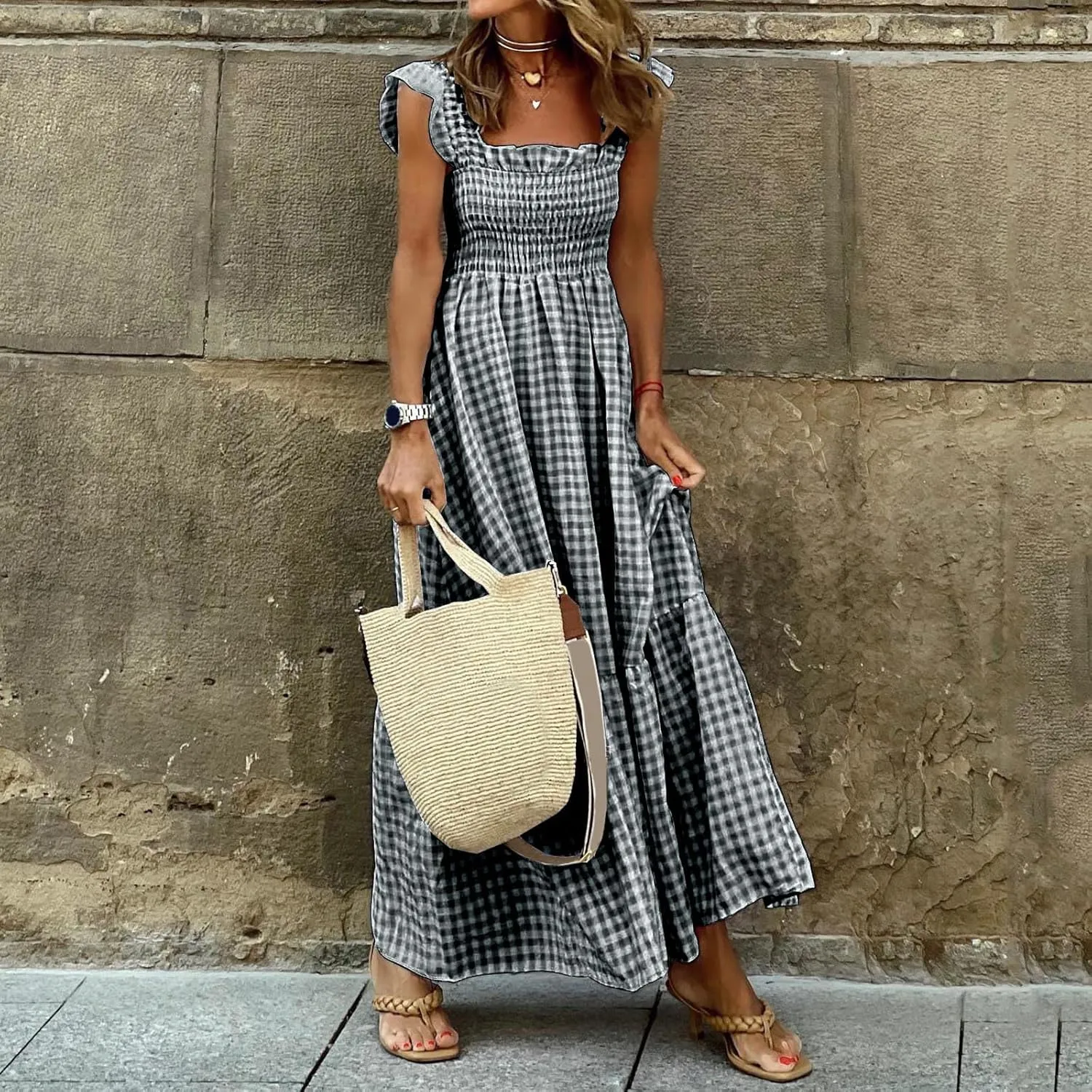 Womens Casual Summer Long Dress Sleeveless Square Neck Dresses Casual Skirts for Women 2024