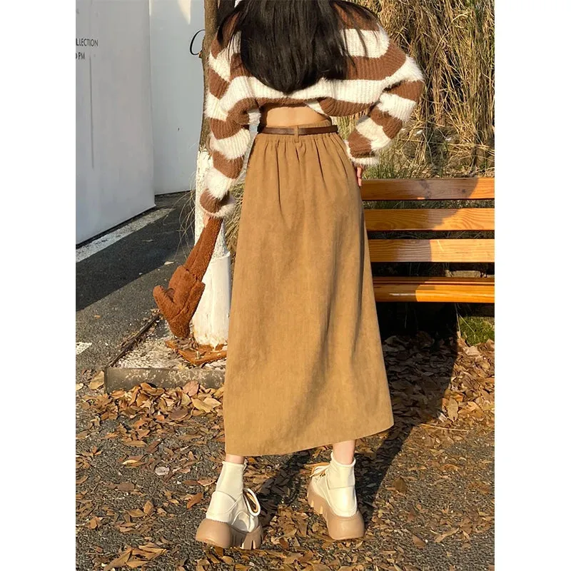 Women's Corduroy Fashion Designer A-Line High Waist Skirts (Midi)