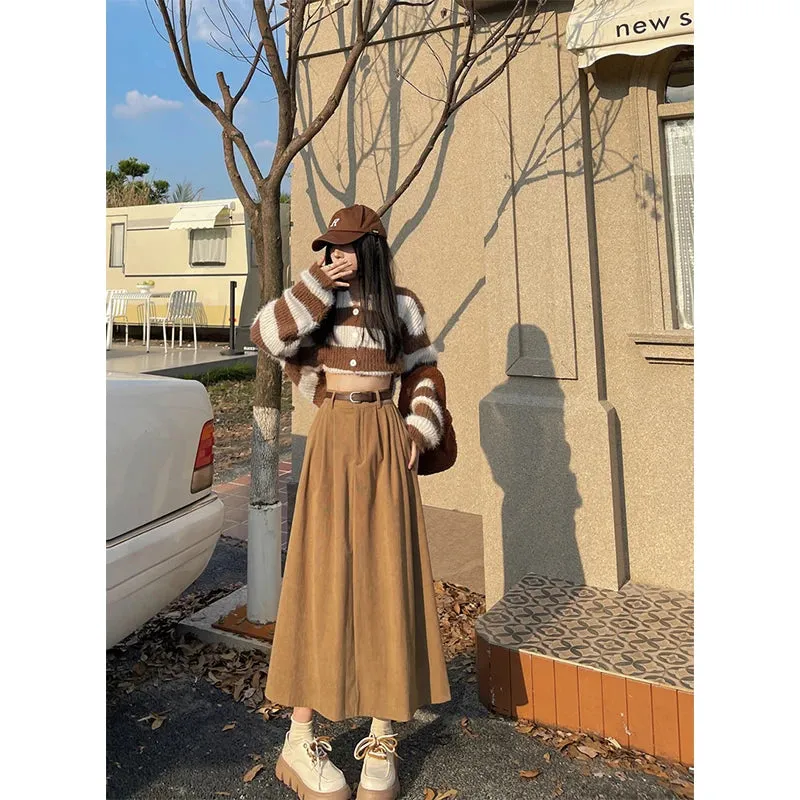 Women's Corduroy Fashion Designer A-Line High Waist Skirts (Midi)