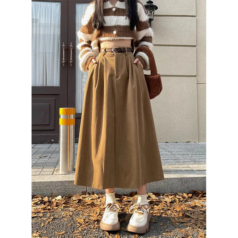 Women's Corduroy Fashion Designer A-Line High Waist Skirts (Midi)