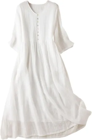 Women's Cotton Linen Gauze Long Dress Summer High Waist Flowy Midi Dress Half Sleeve Button Down Swing Dresses