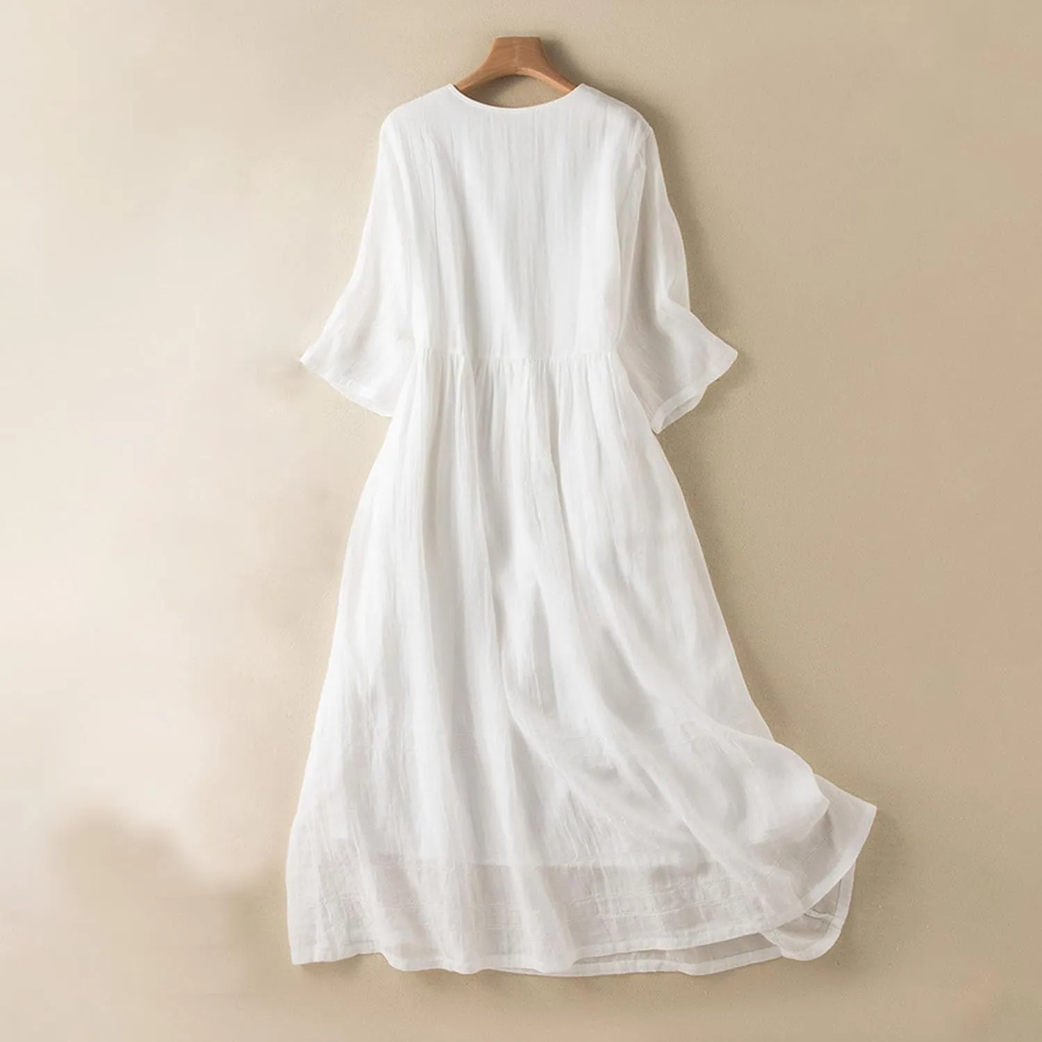 Women's Cotton Linen Gauze Long Dress Summer High Waist Flowy Midi Dress Half Sleeve Button Down Swing Dresses