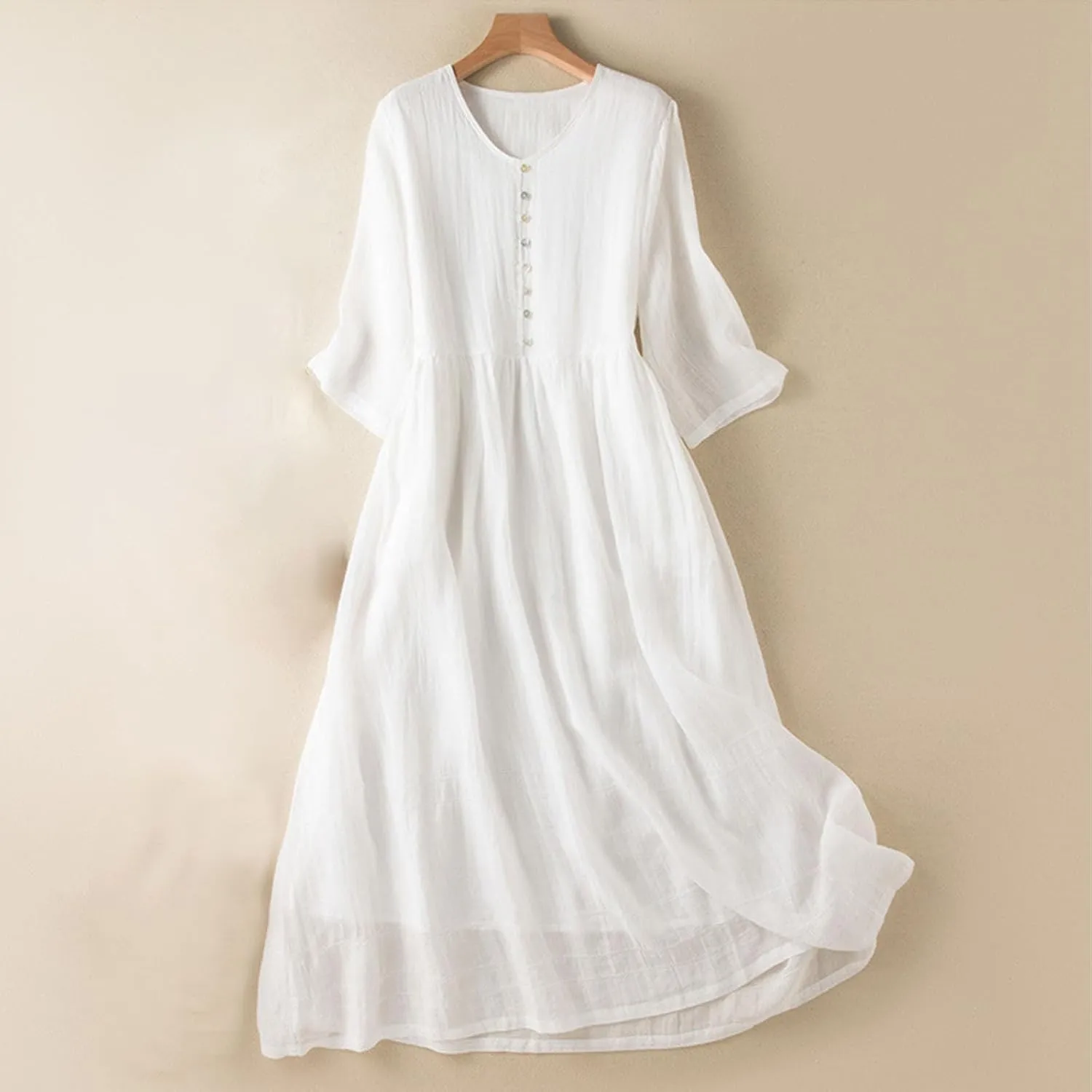 Women's Cotton Linen Gauze Long Dress Summer High Waist Flowy Midi Dress Half Sleeve Button Down Swing Dresses