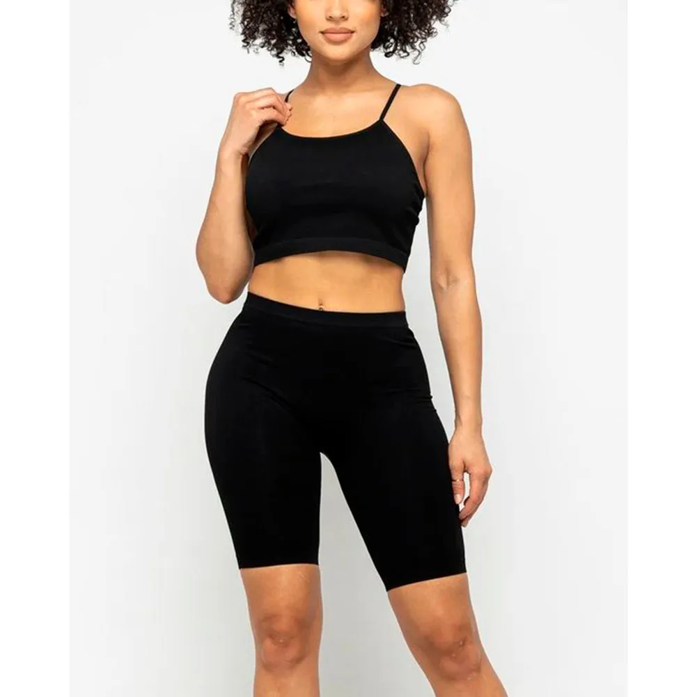 Women's Crop Top & Biker Shorts Casual Athletic Spaghetti Strap Fitness Top Set