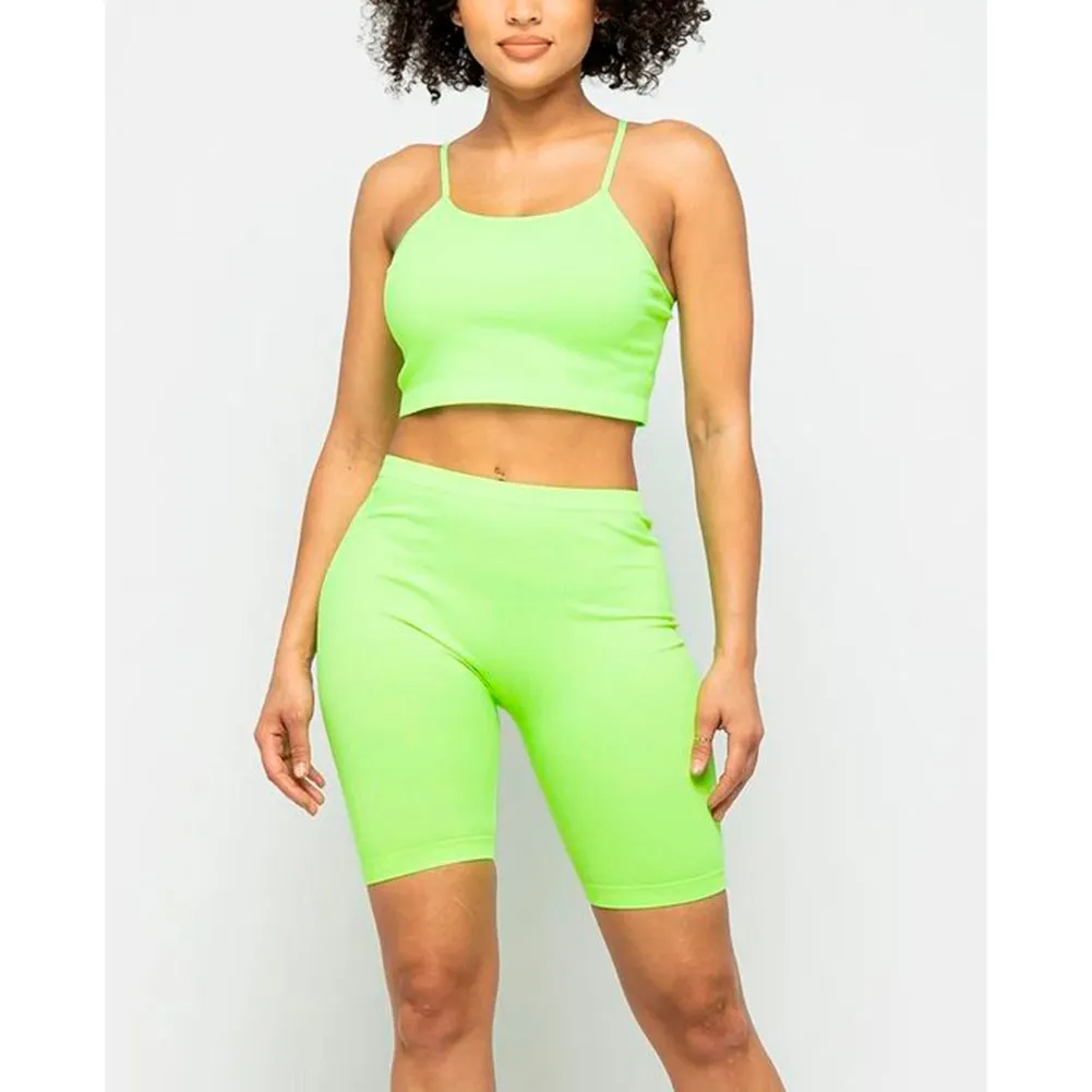 Women's Crop Top & Biker Shorts Casual Athletic Spaghetti Strap Fitness Top Set