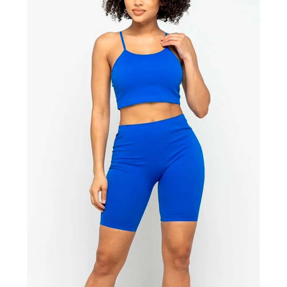Women's Crop Top & Biker Shorts Casual Athletic Spaghetti Strap Fitness Top Set