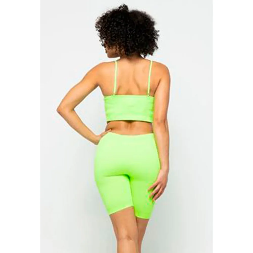 Women's Crop Top & Biker Shorts Casual Athletic Spaghetti Strap Fitness Top Set