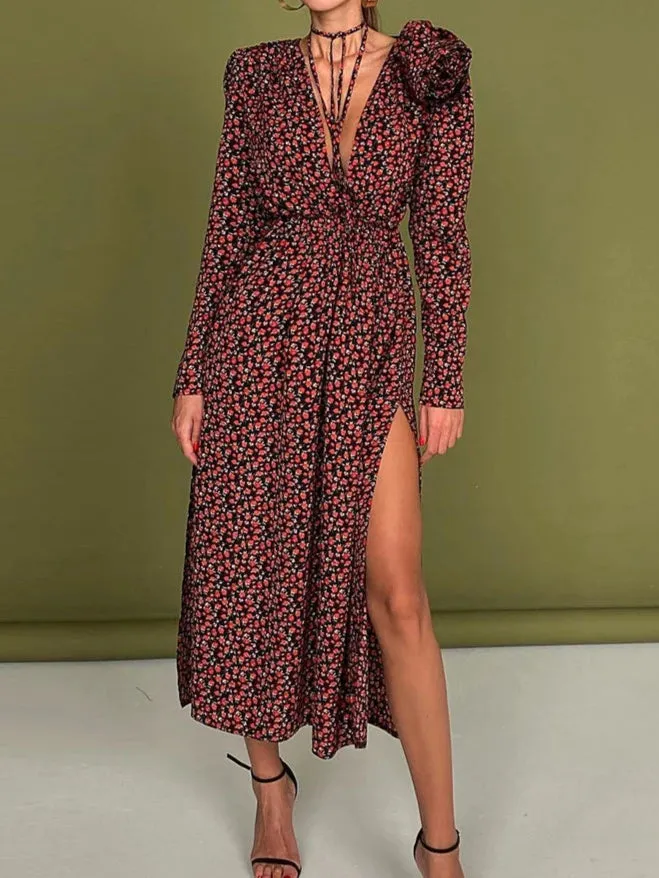 Women's Deep V-Neck High Waist Slit Party Dress