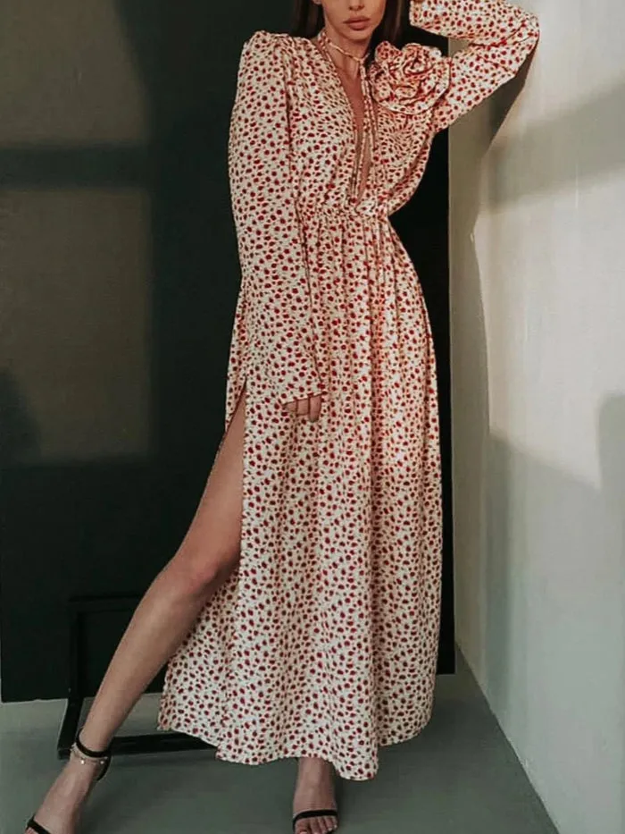 Women's Deep V-Neck High Waist Slit Party Dress
