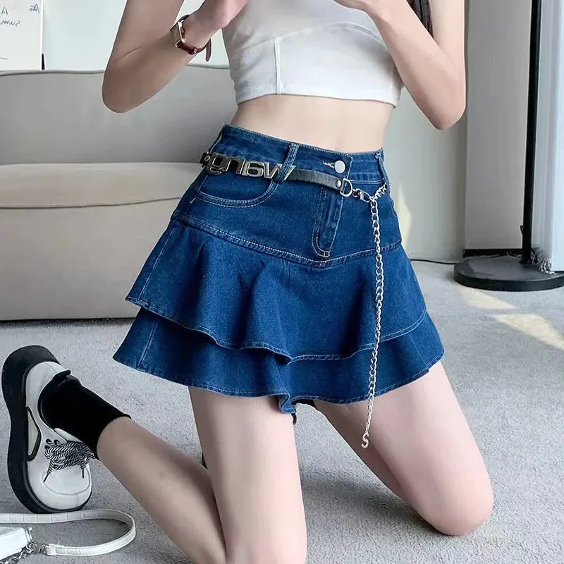 Women's Denim Fashion Designer Ruffled Trim Mini Skirts (Short)