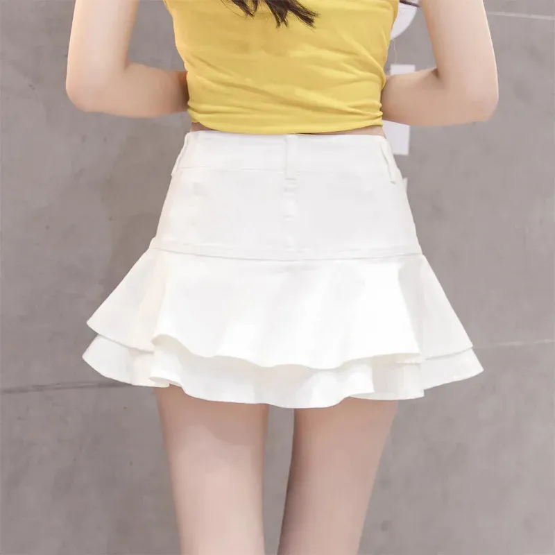 Women's Denim Fashion Designer Ruffled Trim Mini Skirts (Short)