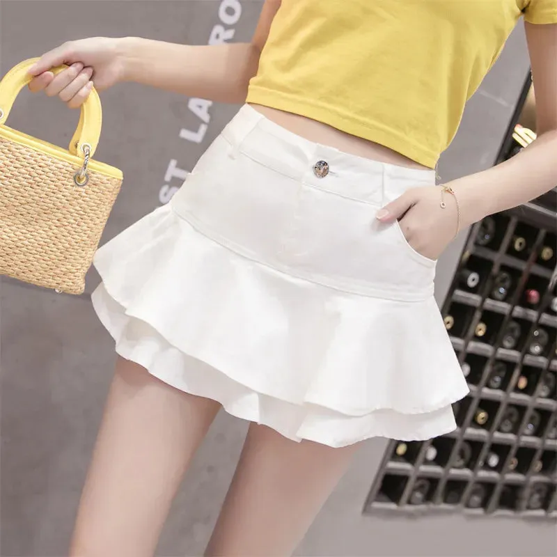 Women's Denim Fashion Designer Ruffled Trim Mini Skirts (Short)