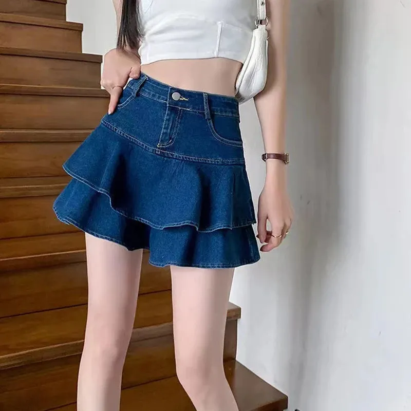 Women's Denim Fashion Designer Ruffled Trim Mini Skirts (Short)