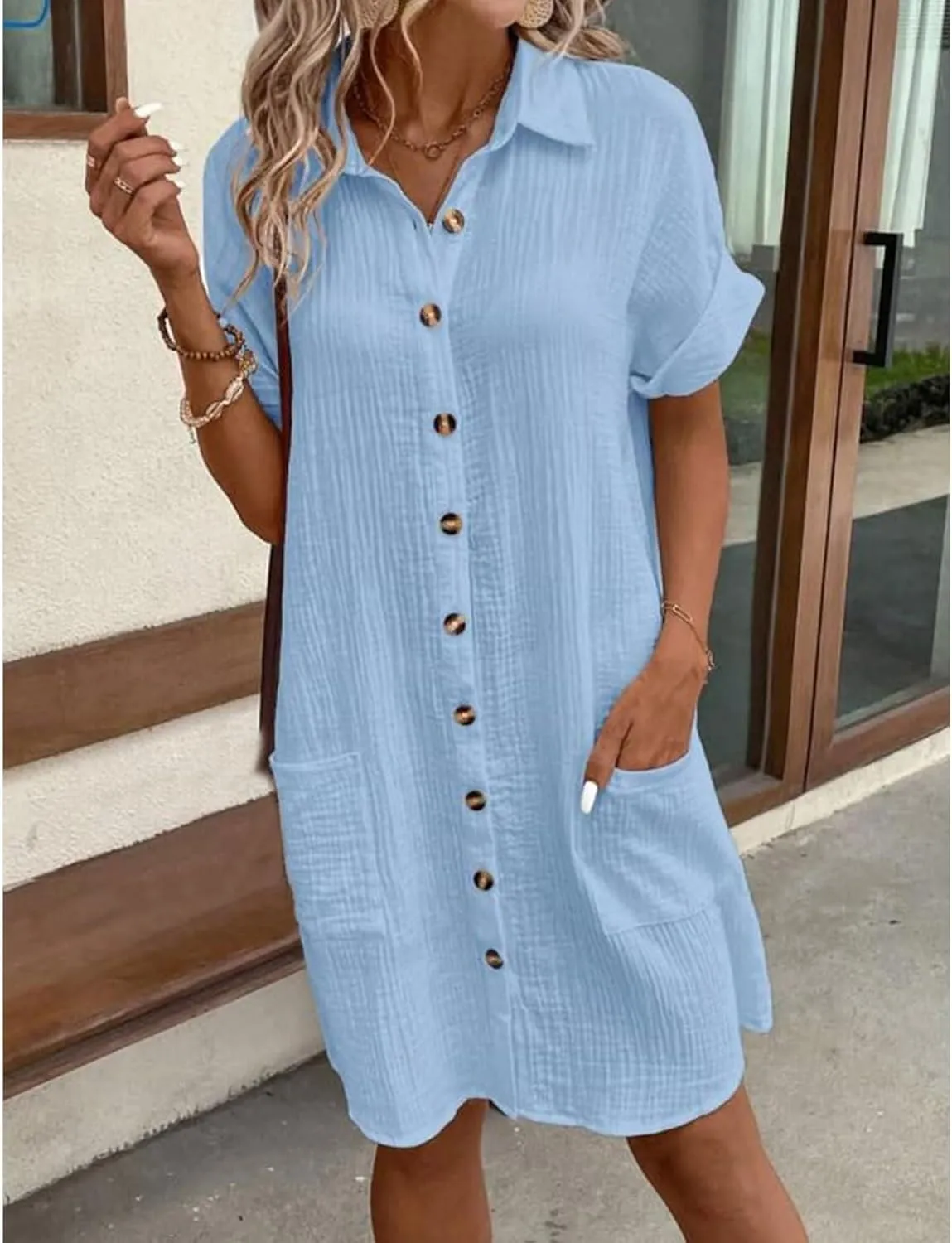 Womens Dress Casual Summer Button Down Linen Short Sleevet Shirt Dresses V Neck Loose Fit Casual Tunic Dress Trendy