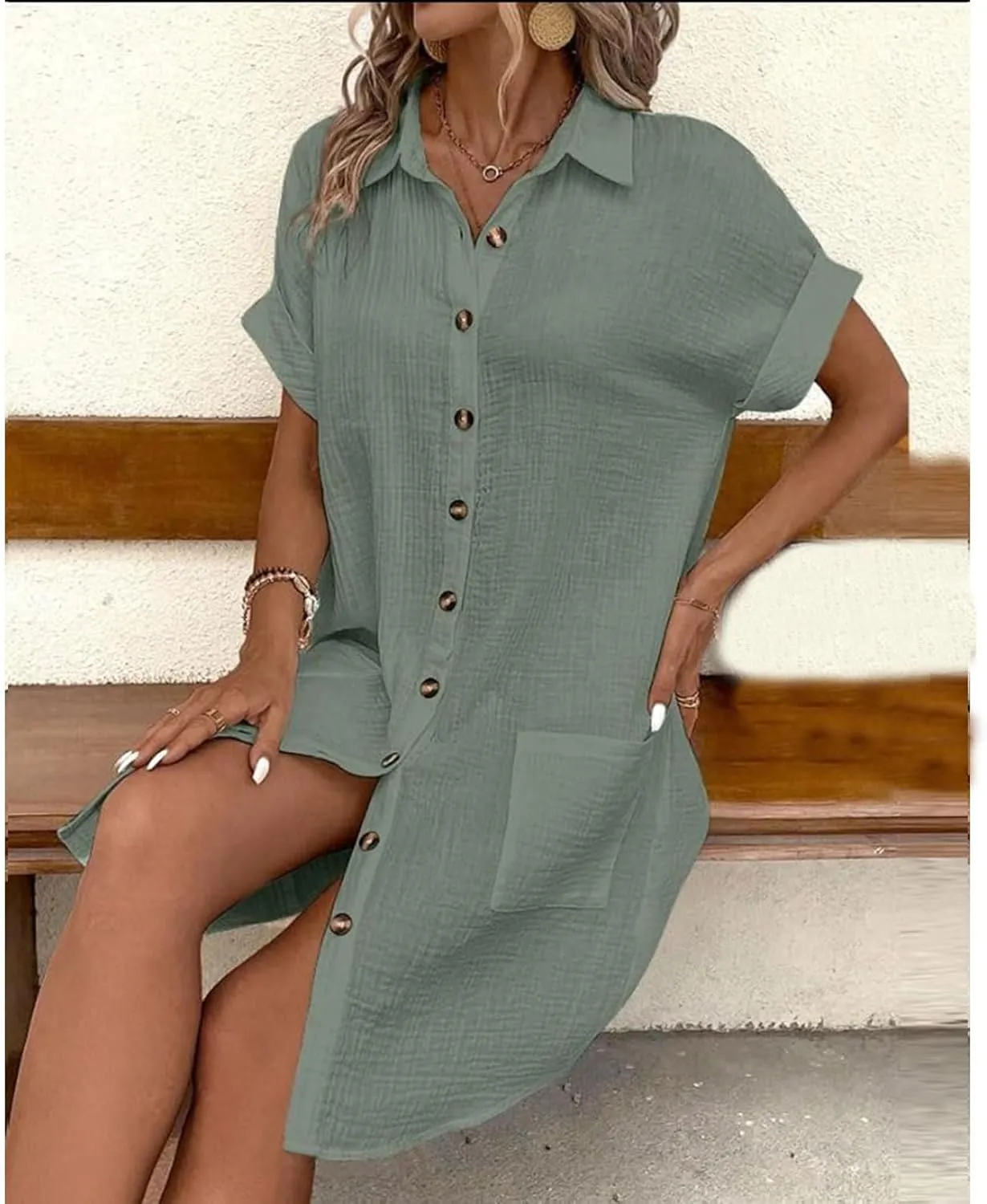 Womens Dress Casual Summer Button Down Linen Short Sleevet Shirt Dresses V Neck Loose Fit Casual Tunic Dress Trendy