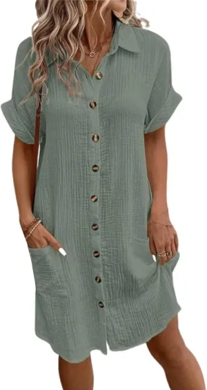 Womens Dress Casual Summer Button Down Linen Short Sleevet Shirt Dresses V Neck Loose Fit Casual Tunic Dress Trendy