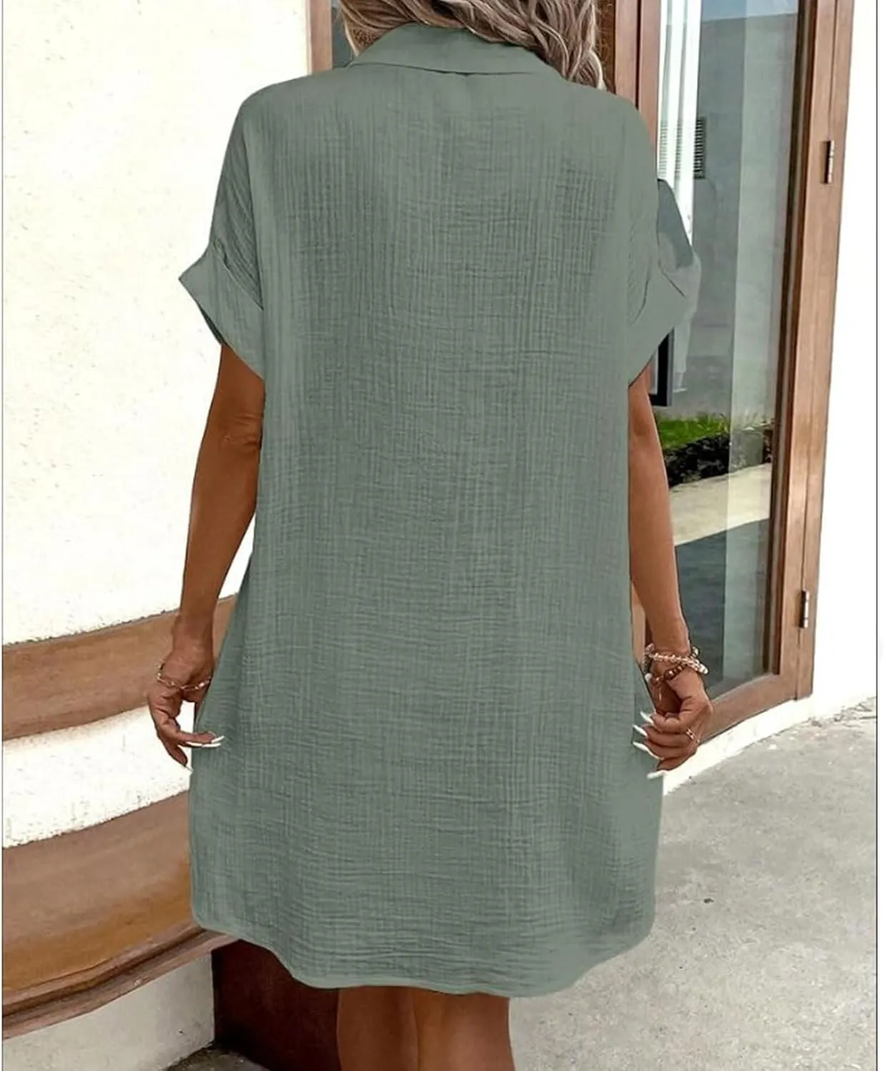 Womens Dress Casual Summer Button Down Linen Short Sleevet Shirt Dresses V Neck Loose Fit Casual Tunic Dress Trendy