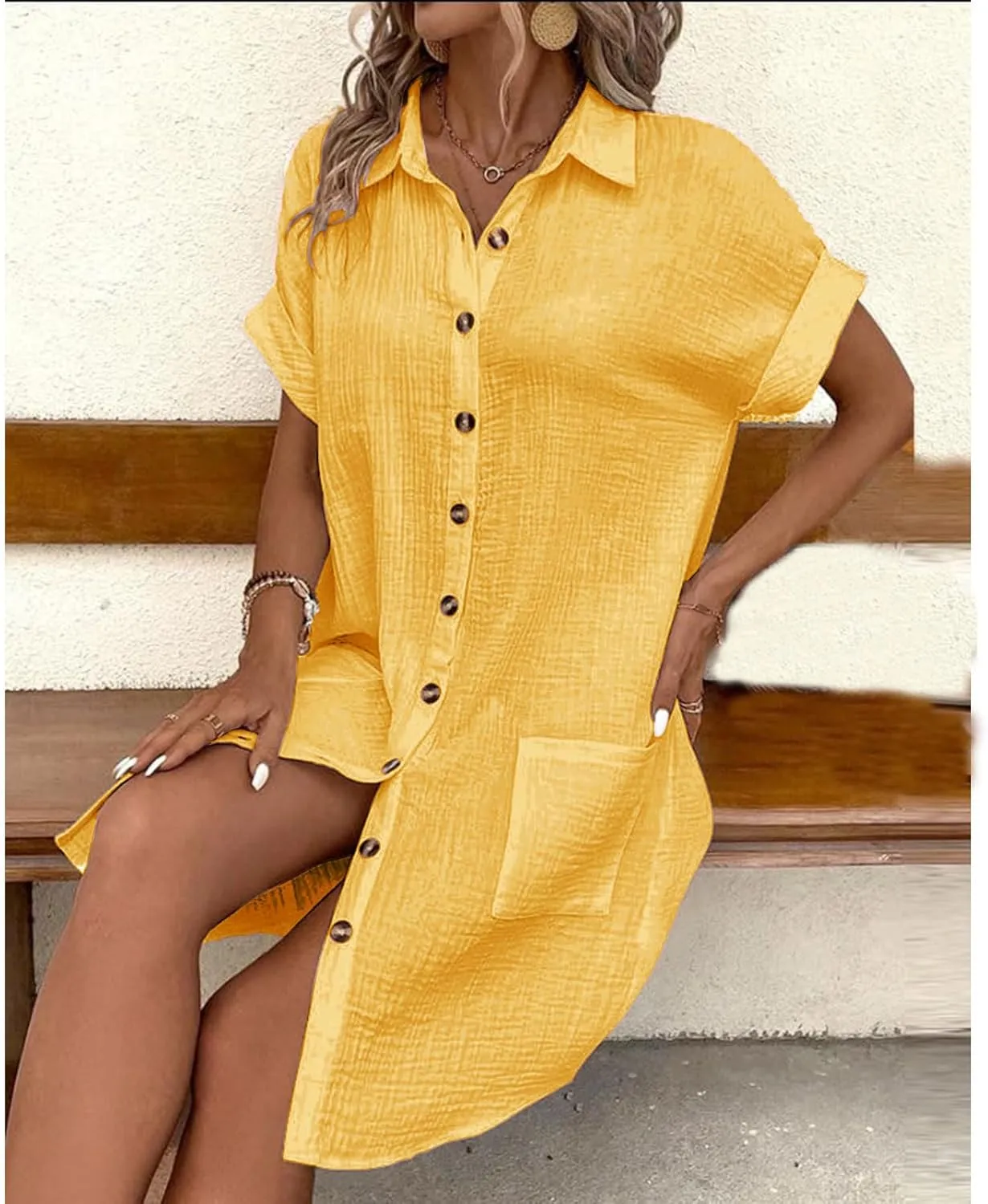 Womens Dress Casual Summer Button Down Linen Short Sleevet Shirt Dresses V Neck Loose Fit Casual Tunic Dress Trendy