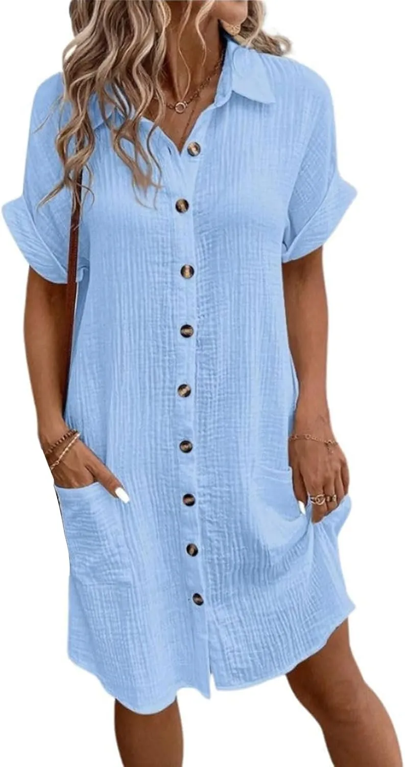 Womens Dress Casual Summer Button Down Linen Short Sleevet Shirt Dresses V Neck Loose Fit Casual Tunic Dress Trendy