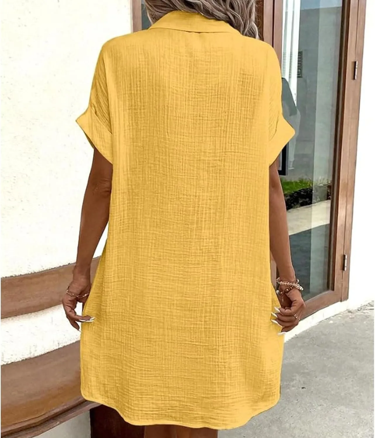 Womens Dress Casual Summer Button Down Linen Short Sleevet Shirt Dresses V Neck Loose Fit Casual Tunic Dress Trendy