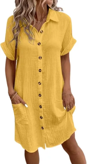 Womens Dress Casual Summer Button Down Linen Short Sleevet Shirt Dresses V Neck Loose Fit Casual Tunic Dress Trendy