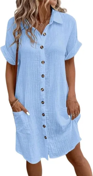 Womens Dress Casual Summer Button Down Linen Short Sleevet Shirt Dresses V Neck Loose Fit Casual Tunic Dress Trendy