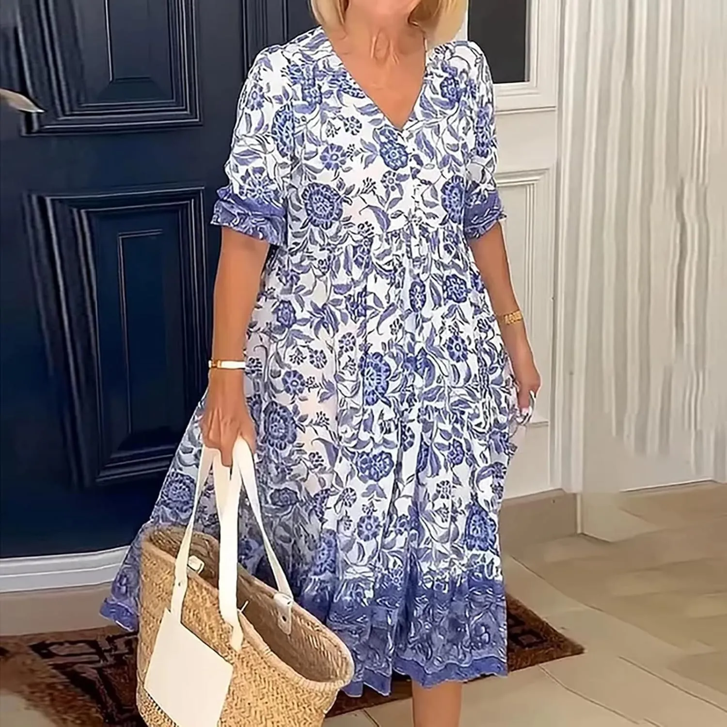 Women's Dress V-Neck Vintage Loose Skirt