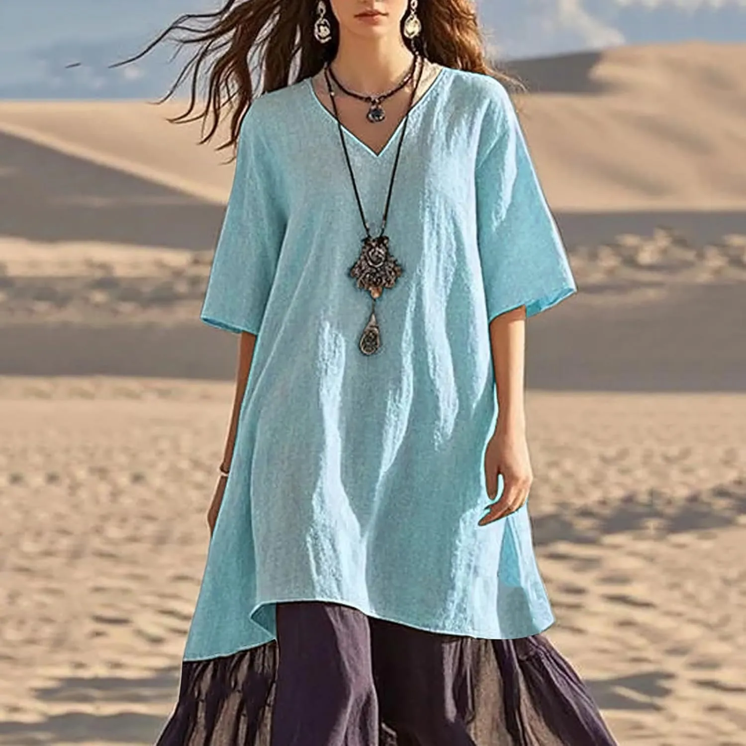 Womens Dresses Casual Midi Half Sleeves Dress Lightweight Splicing Fashion Casual Cute Plus Size Sundress