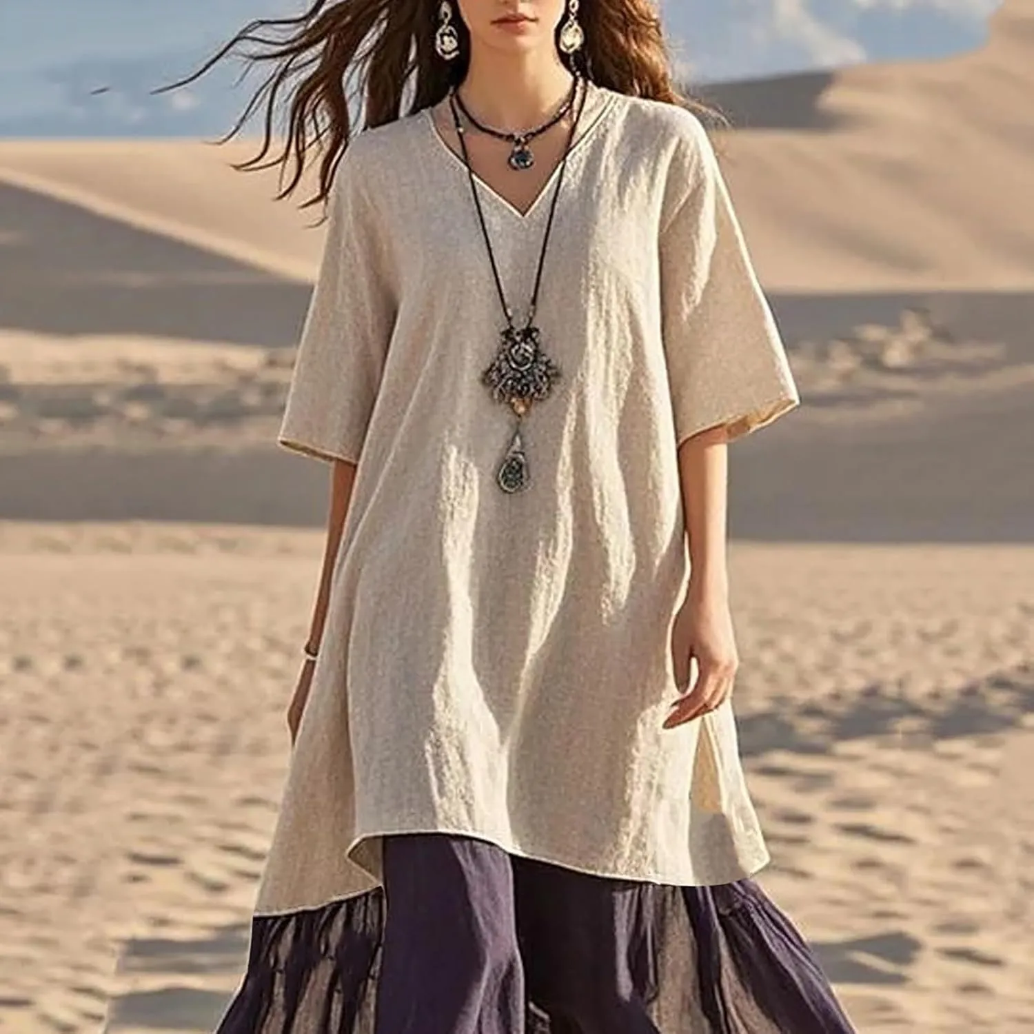 Womens Dresses Casual Midi Half Sleeves Dress Lightweight Splicing Fashion Casual Cute Plus Size Sundress