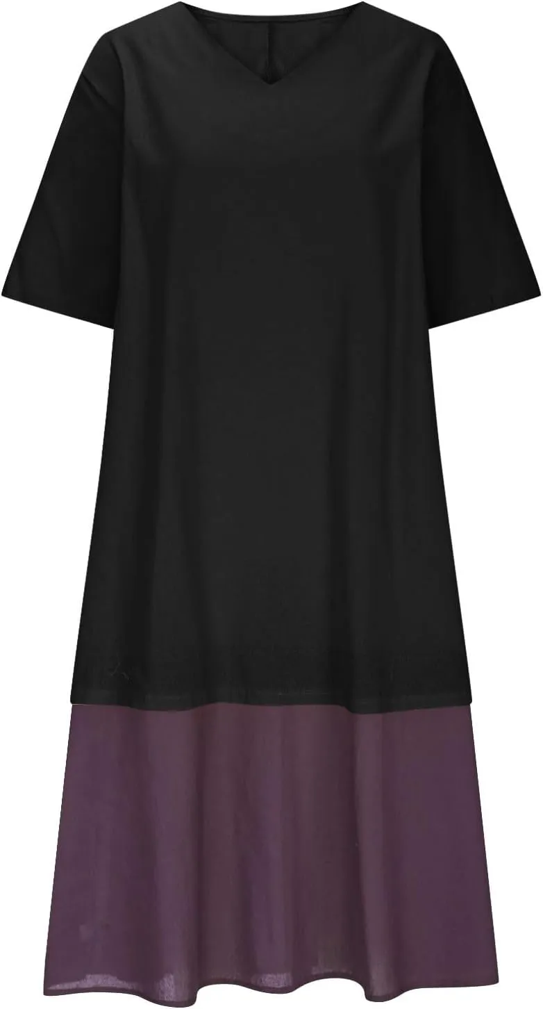 Womens Dresses Casual Midi Half Sleeves Dress Lightweight Splicing Fashion Casual Cute Plus Size Sundress
