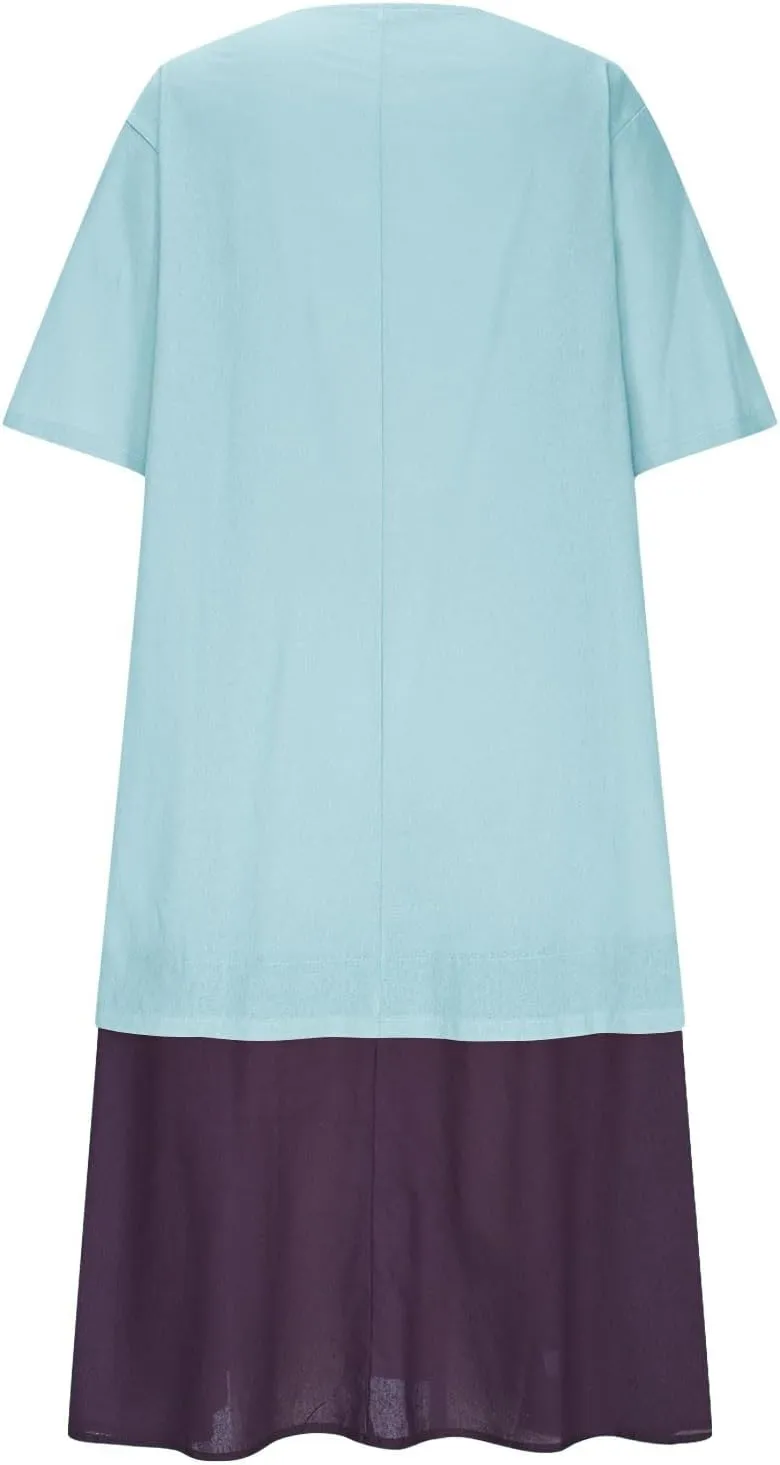 Womens Dresses Casual Midi Half Sleeves Dress Lightweight Splicing Fashion Casual Cute Plus Size Sundress