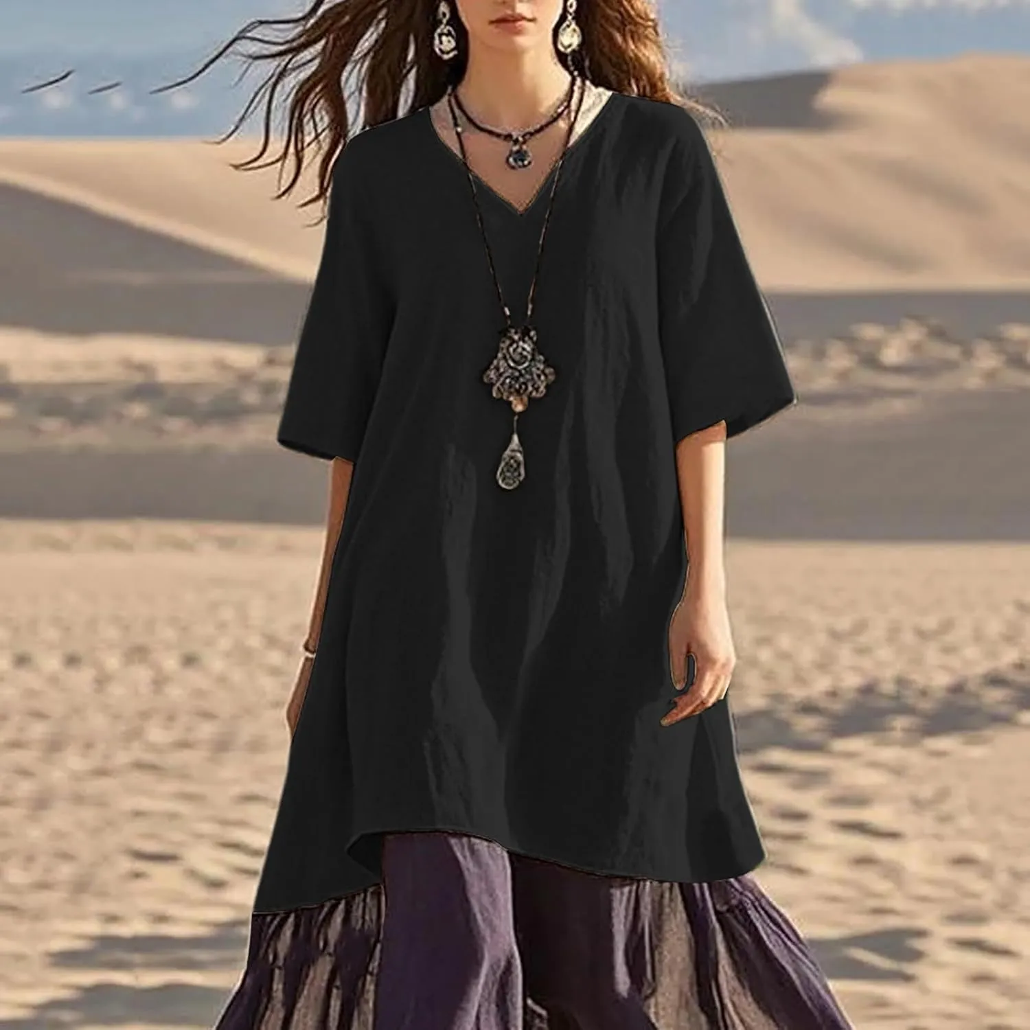 Womens Dresses Casual Midi Half Sleeves Dress Lightweight Splicing Fashion Casual Cute Plus Size Sundress