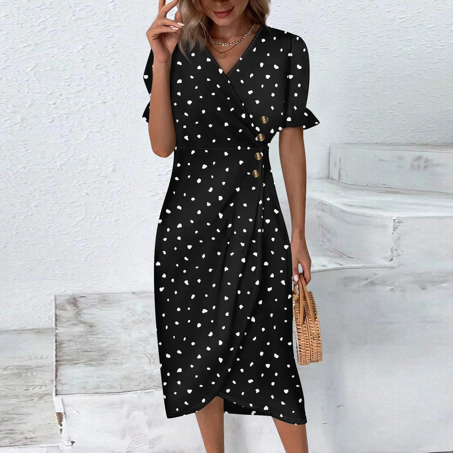 Women's Dresses Casual Summer V Neck Short Sleeve Polka Dot Floral Wrap Hem Midi Dress 2025 Woman Casual, S-3XL