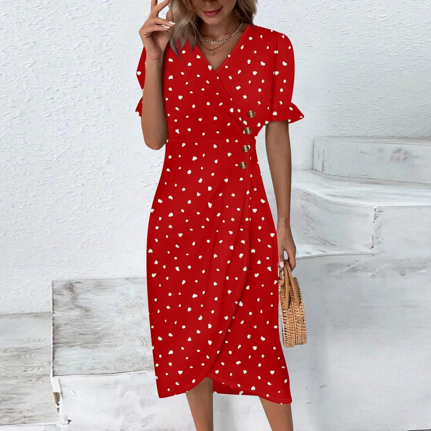 Women's Dresses Casual Summer V Neck Short Sleeve Polka Dot Floral Wrap Hem Midi Dress 2025 Woman Casual, S-3XL