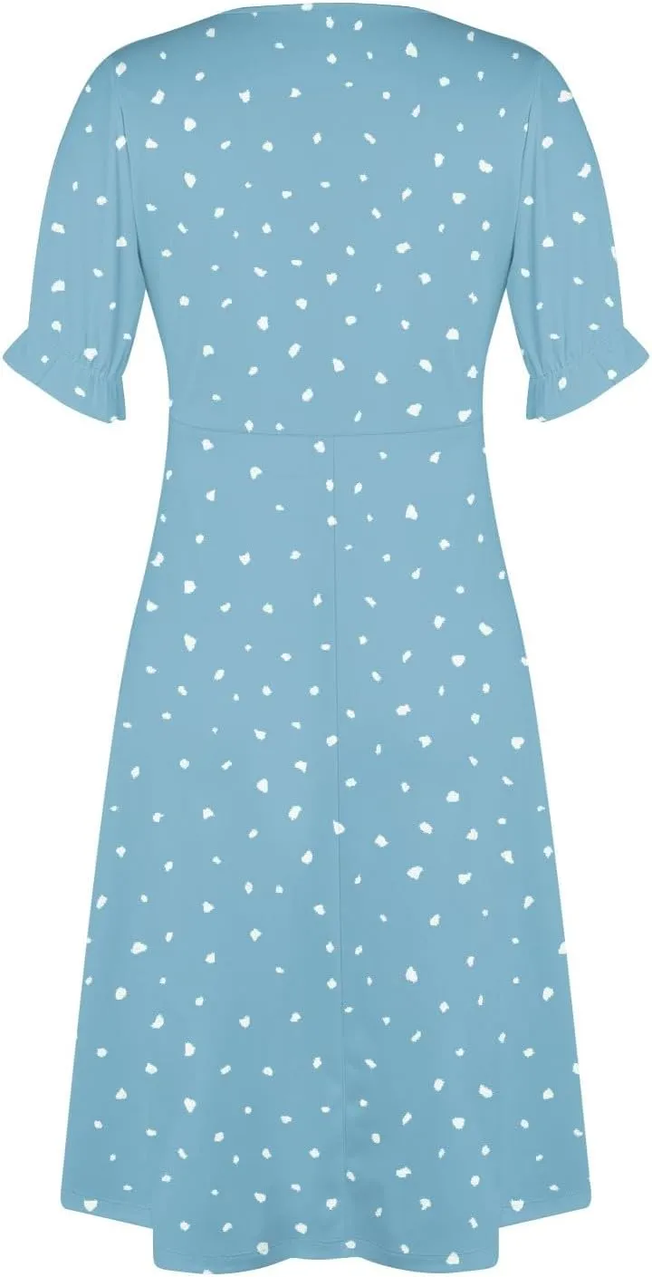 Women's Dresses Casual Summer V Neck Short Sleeve Polka Dot Floral Wrap Hem Midi Dress 2025 Woman Casual, S-3XL