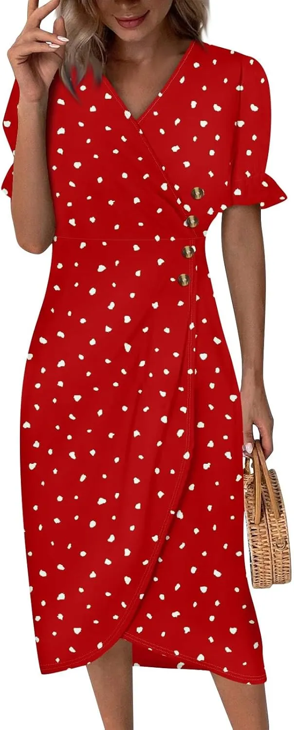 Women's Dresses Casual Summer V Neck Short Sleeve Polka Dot Floral Wrap Hem Midi Dress 2025 Woman Casual, S-3XL