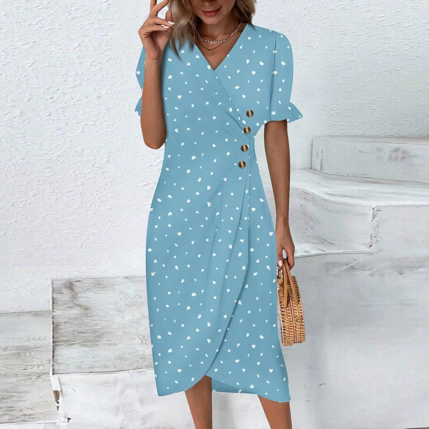 Women's Dresses Casual Summer V Neck Short Sleeve Polka Dot Floral Wrap Hem Midi Dress 2025 Woman Casual, S-3XL