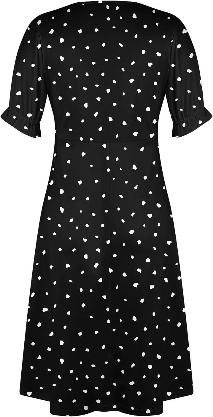 Women's Dresses Casual Summer V Neck Short Sleeve Polka Dot Floral Wrap Hem Midi Dress 2025 Woman Casual, S-3XL