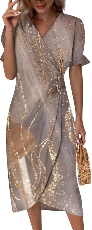 Women's Dresses Casual Summer V Neck Short Sleeve Polka Dot Floral Wrap Hem Midi Dress 2025 Woman Casual, S-3XL