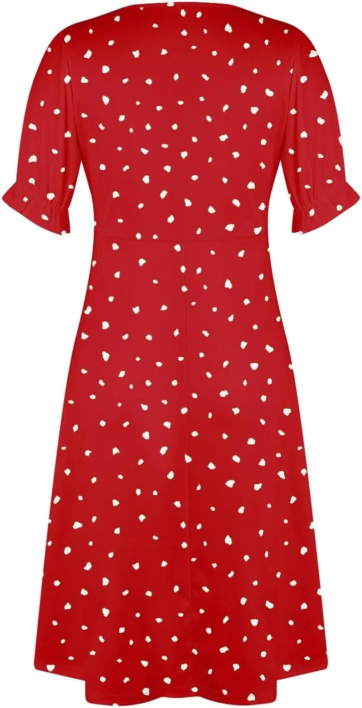 Women's Dresses Casual Summer V Neck Short Sleeve Polka Dot Floral Wrap Hem Midi Dress 2025 Woman Casual, S-3XL