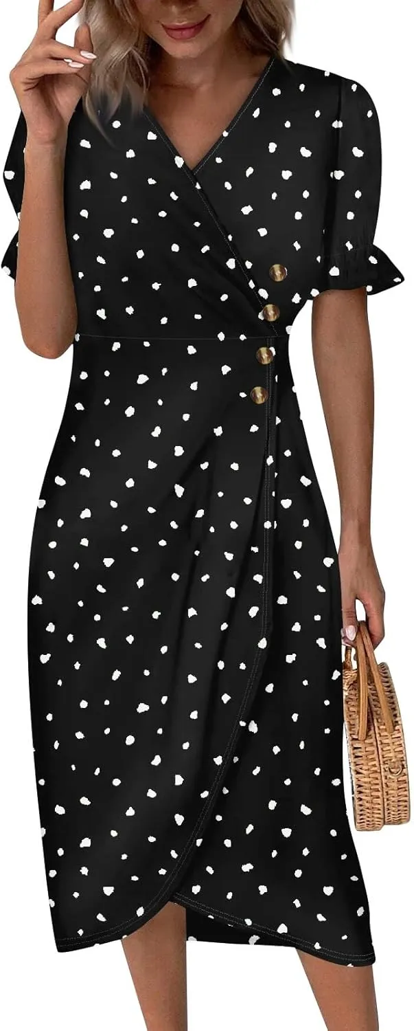 Women's Dresses Casual Summer V Neck Short Sleeve Polka Dot Floral Wrap Hem Midi Dress 2025 Woman Casual, S-3XL